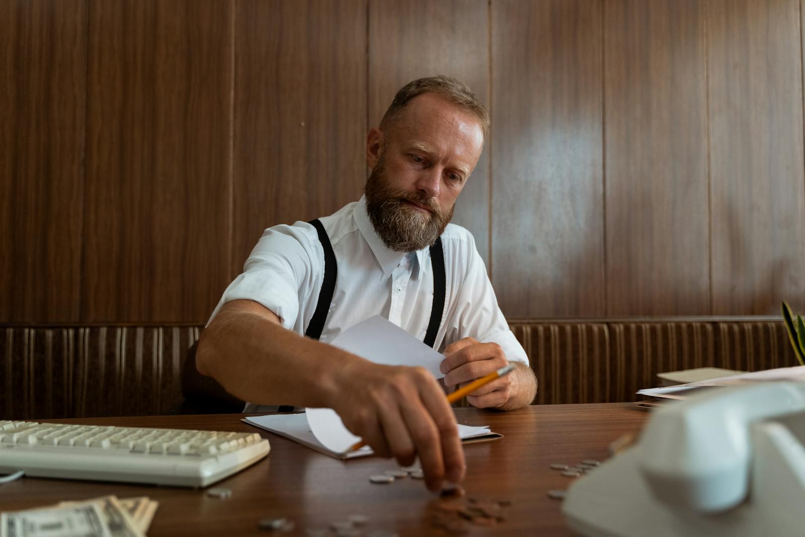 A bearded businessman wearing suspenders counts coins at a vintage workspace, embodying retro office style.